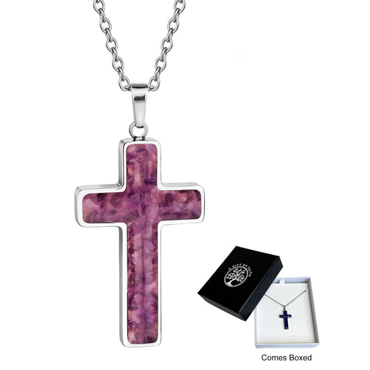 Necklace Gift Of Faith Stainless Steel With Semi Precious Stone Amethyst Cross