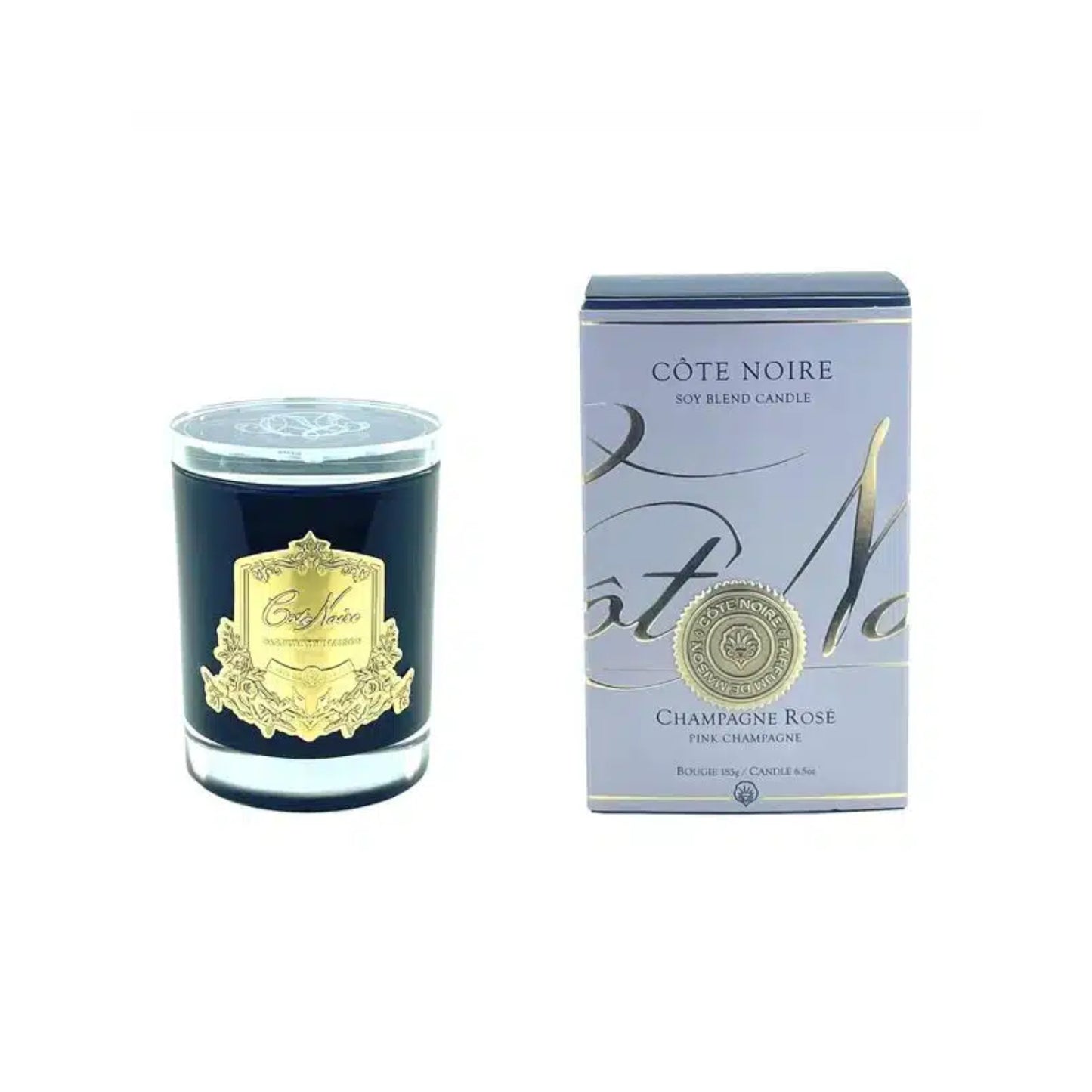 COTE NOIRE GOLD 185g CANDLE CRYSTAL GLASS LID PINK CHAMPAGNE