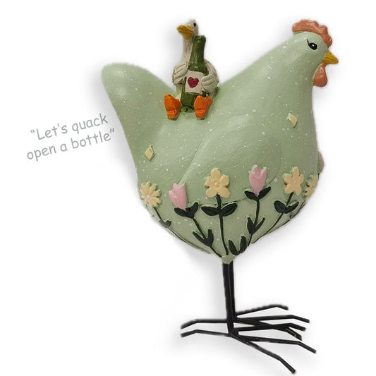 RESIN CHICKEN FIGURINE DELILAH "LET'S QUACK OPEN A BOTTLE"