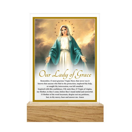 GLASS VERSE PLAQUE ON WOODEN BASE OUR LADY OF GRACE