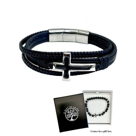 Bracelet Leather Cross With Polished Stainless Steel