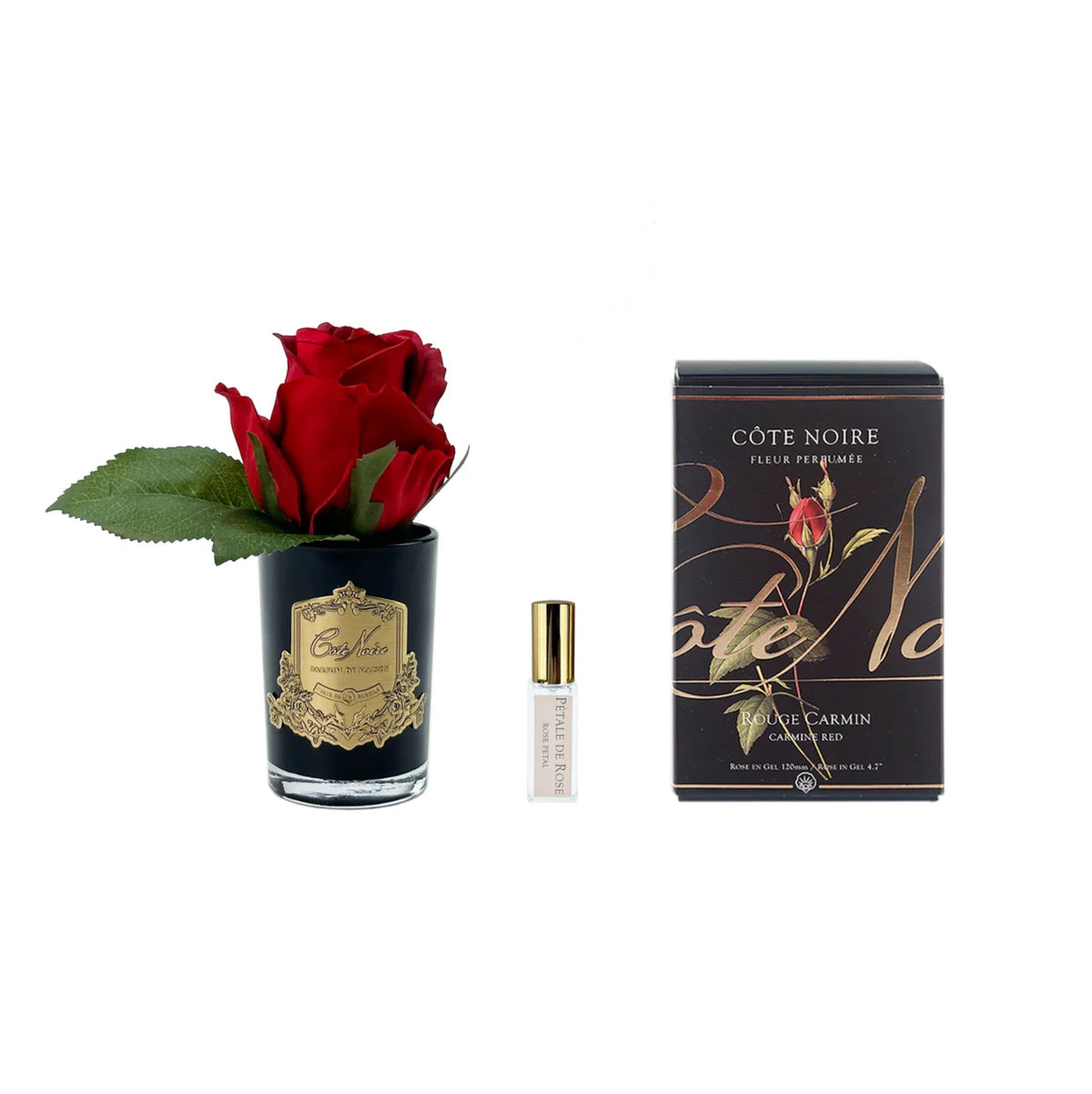 Cote Noire Rose Bud Perfumed Natural Touch Red In Black Glass With Gold Crest