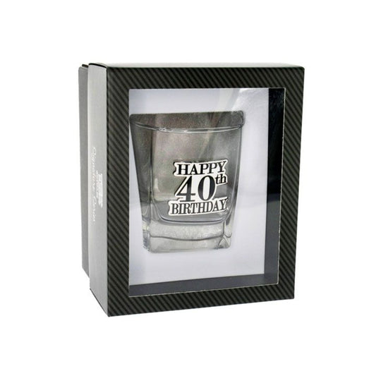 Birthday Whiskey Scotch Glass With Black & Silver Badge 40th