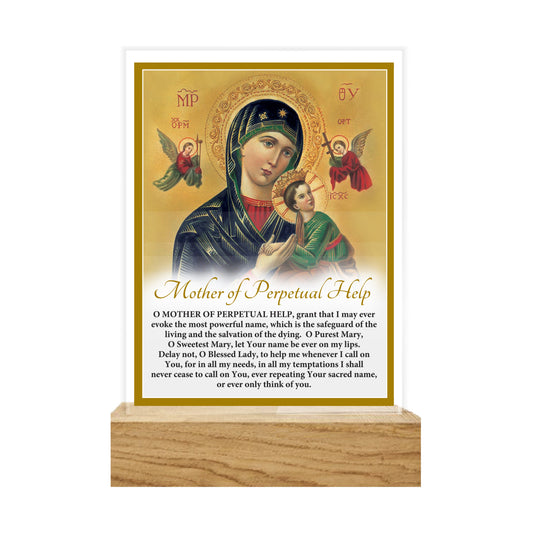 GLASS VERSE PLAQUE ON WOODEN BASE MOTHER OF PERPETUAL HELP