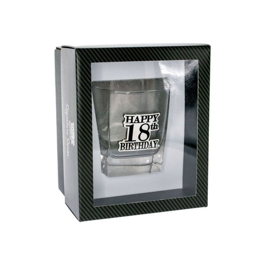 Birthday Whiskey Scotch Glass With Black & Silver Badge 18th