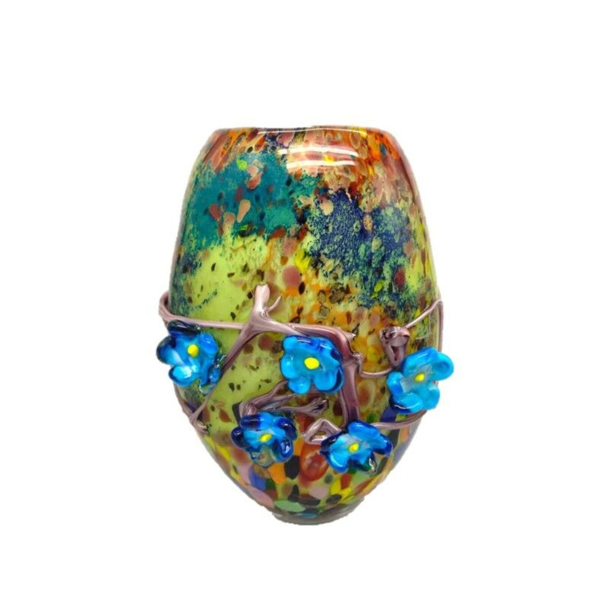 ZIBO ART GLASS BLUE POPPIES ROUND VASE