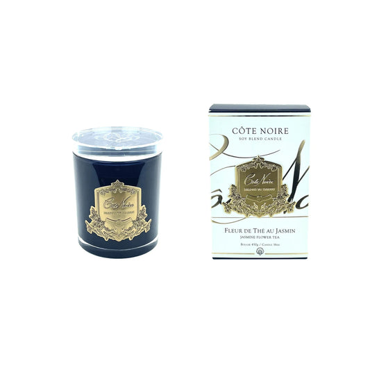 COTE NOIRE GOLD 450g CANDLE CRYSTAL GLASS LID JASMINE FLOWER TEA