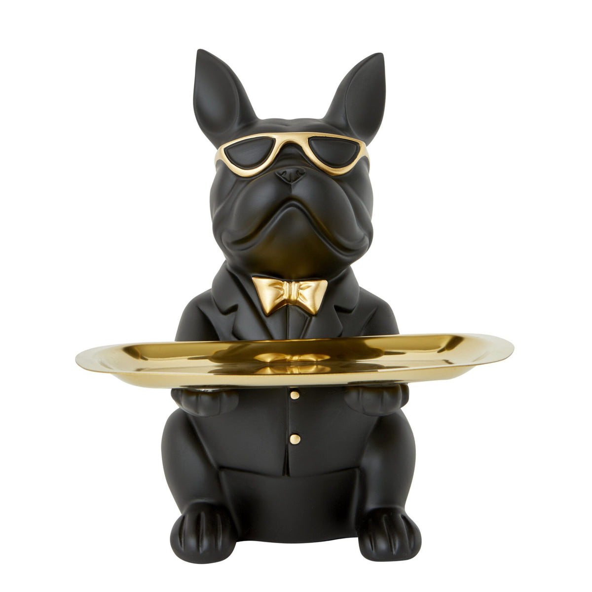 Bulldog Figurine Holding Rectangle Tray Black & Gold