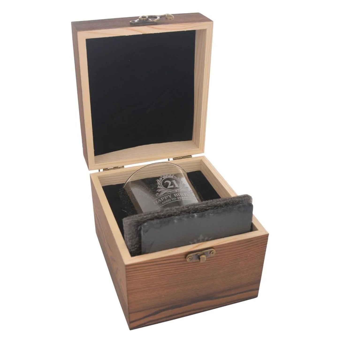 Birthday Whiskey Glass & Slate Coaster Set in Wooden Box 21st