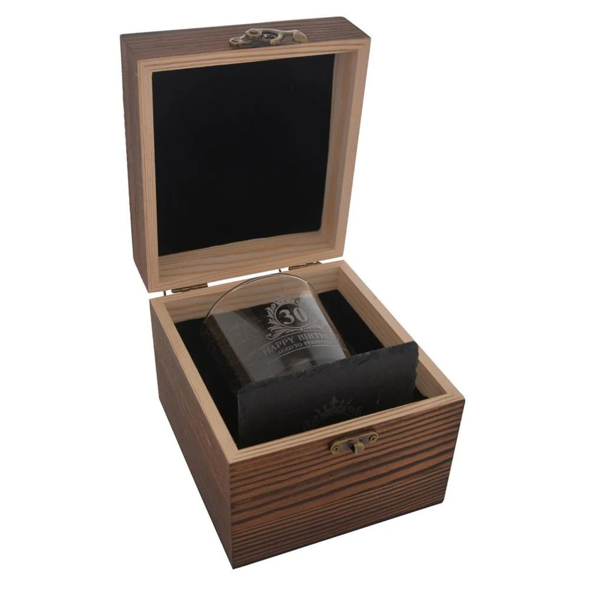 Birthday Whiskey Glass & Slate Coaster Set in Wooden Box 30th