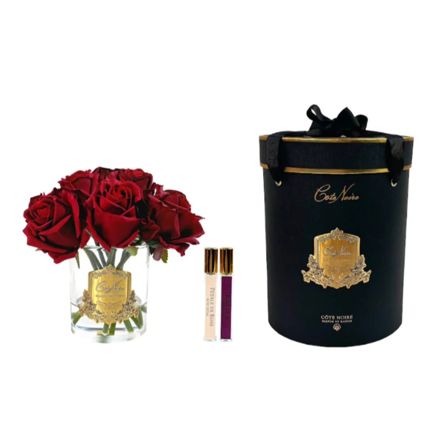Cote Noire Premium Rose Bud Bouquet Red In Clear Glass With Gold Crest