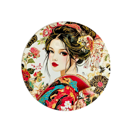 CERAMIC TRIVET ROUND GEISHA RED & BLUE KIMONO