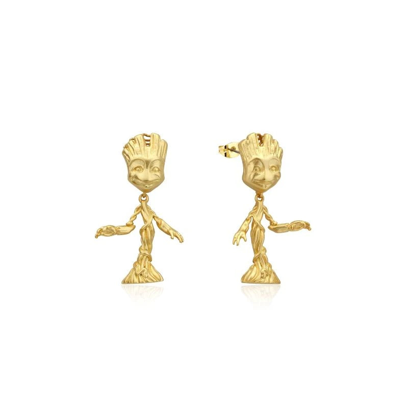 MARVEL BY COUTURE KINGDOM GUARDIANS OF THE GALAXY BABY GROOT DROP EARRINGS YELLOW GOLD PLATED