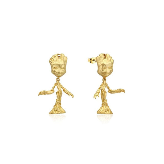 MARVEL BY COUTURE KINGDOM GUARDIANS OF THE GALAXY BABY GROOT DROP EARRINGS YELLOW GOLD PLATED