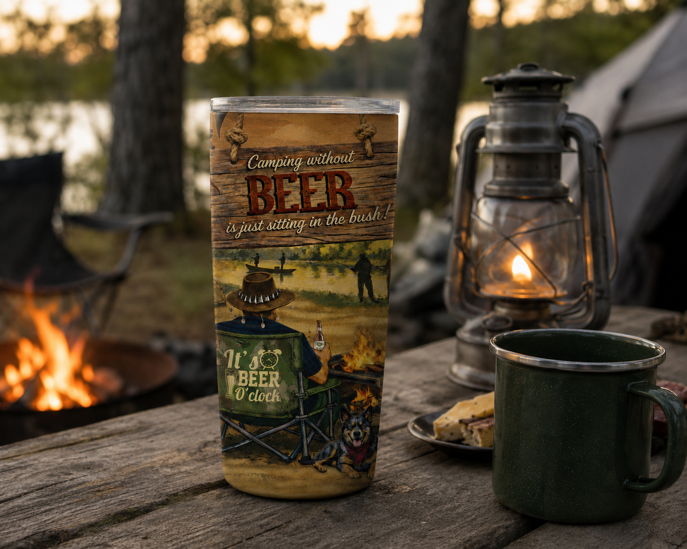 Lisa Pollock Double Walled Stainless Steel Travel Mug Roadie "Camping Without Beer Is Just Sitting In The Bush"