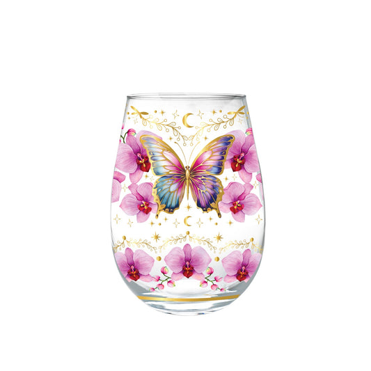 Lisa Pollock Stemless Glass Gold Detailing With 24K Gold Lime Garnish Butterfly Orchids