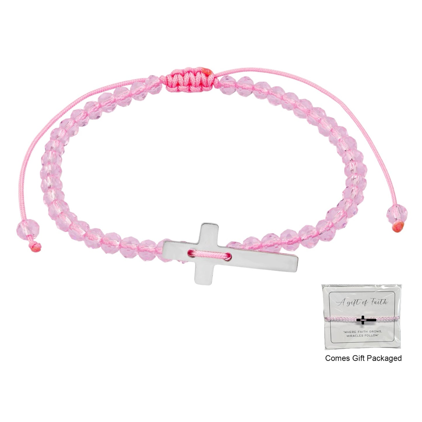 Bracelet With Pink Crystal Beads & Stainless Steel Cross