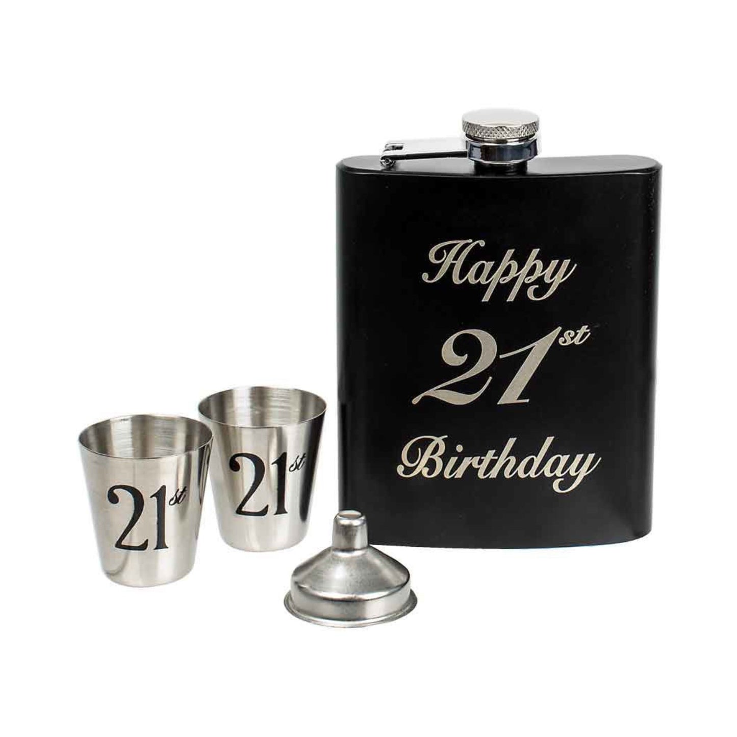 HIP FLASK GIFT SET IN TIMBER BOX 21ST BIRTHDAY BLACK