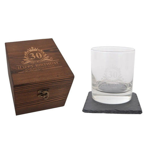 Birthday Whiskey Glass & Slate Coaster Set in Wooden Box 30th