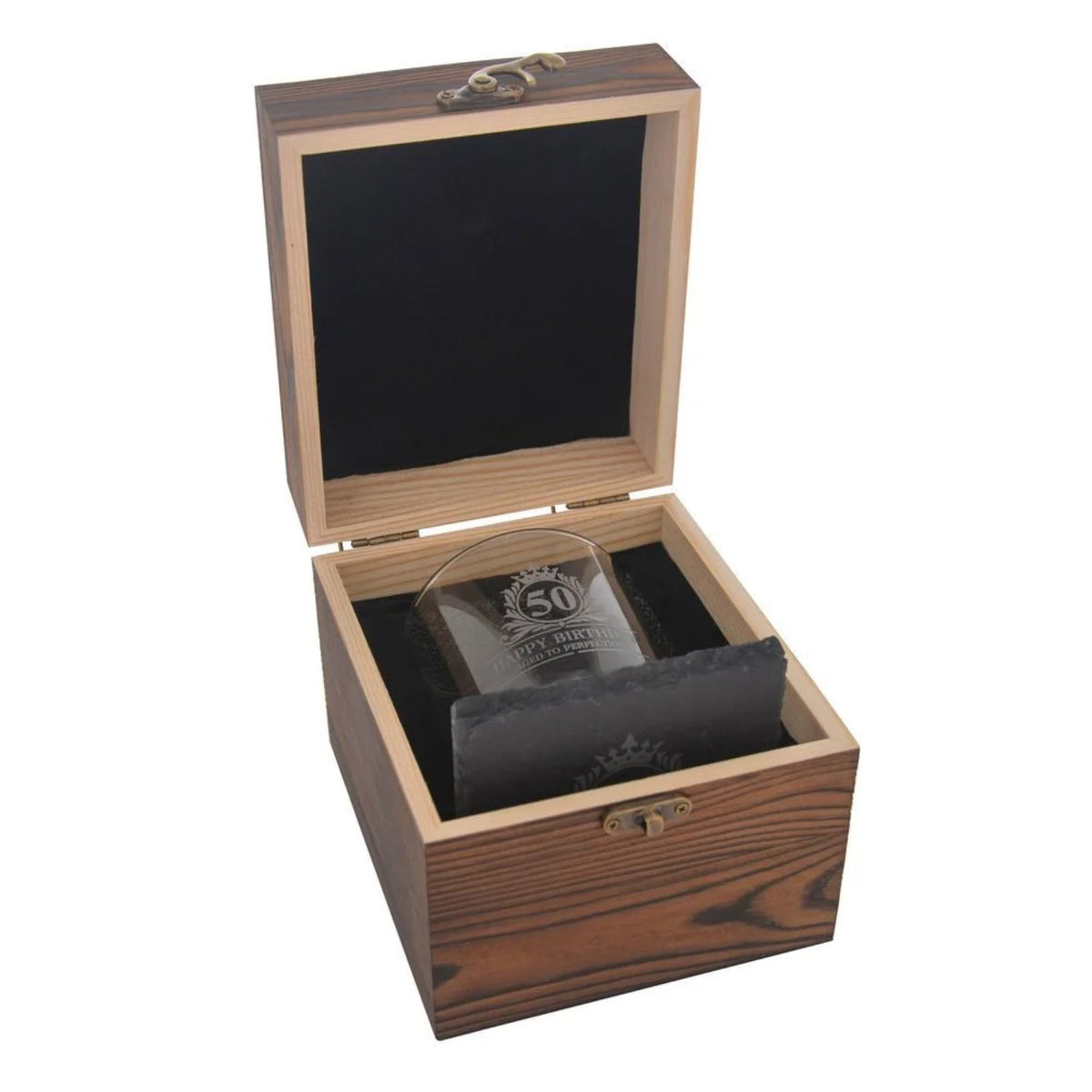 Birthday Whiskey Glass & Slate Coaster Set in Wooden Box 50th