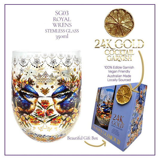 Lisa Pollock Stemless Glass Gold Detailing With 24K Gold Lime Garnish Royal Wrens