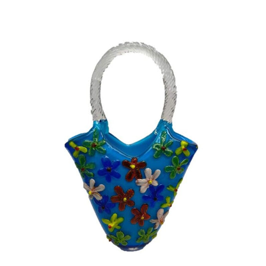 ZIBO ART GLASS DAISY BLUE BAG VASE