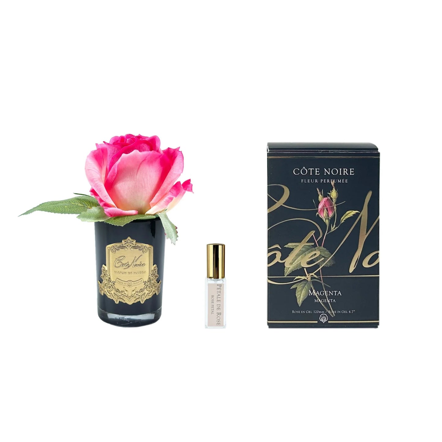 Cote Noire Rose Bud Perfumed Natural Touch Magenta Black Glass With Gold Crest