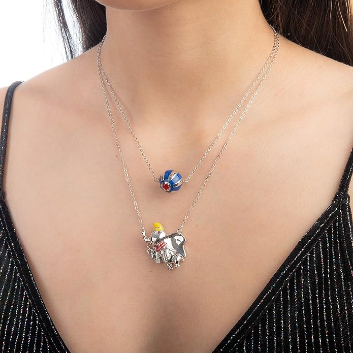 DISNEY COUTURE KINGDOM DUMBO AND CIRCUS BALL DOUBLE WITH ENAMEL NECKLACE WHITE GOLD PLATED