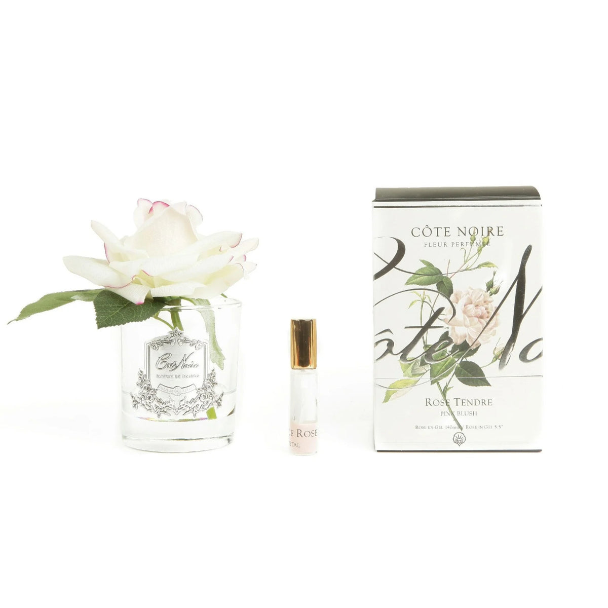 Cote Noire Single French Rose Perfumed Natural Touch Pink Blush In Clear Glass With Silver Crest