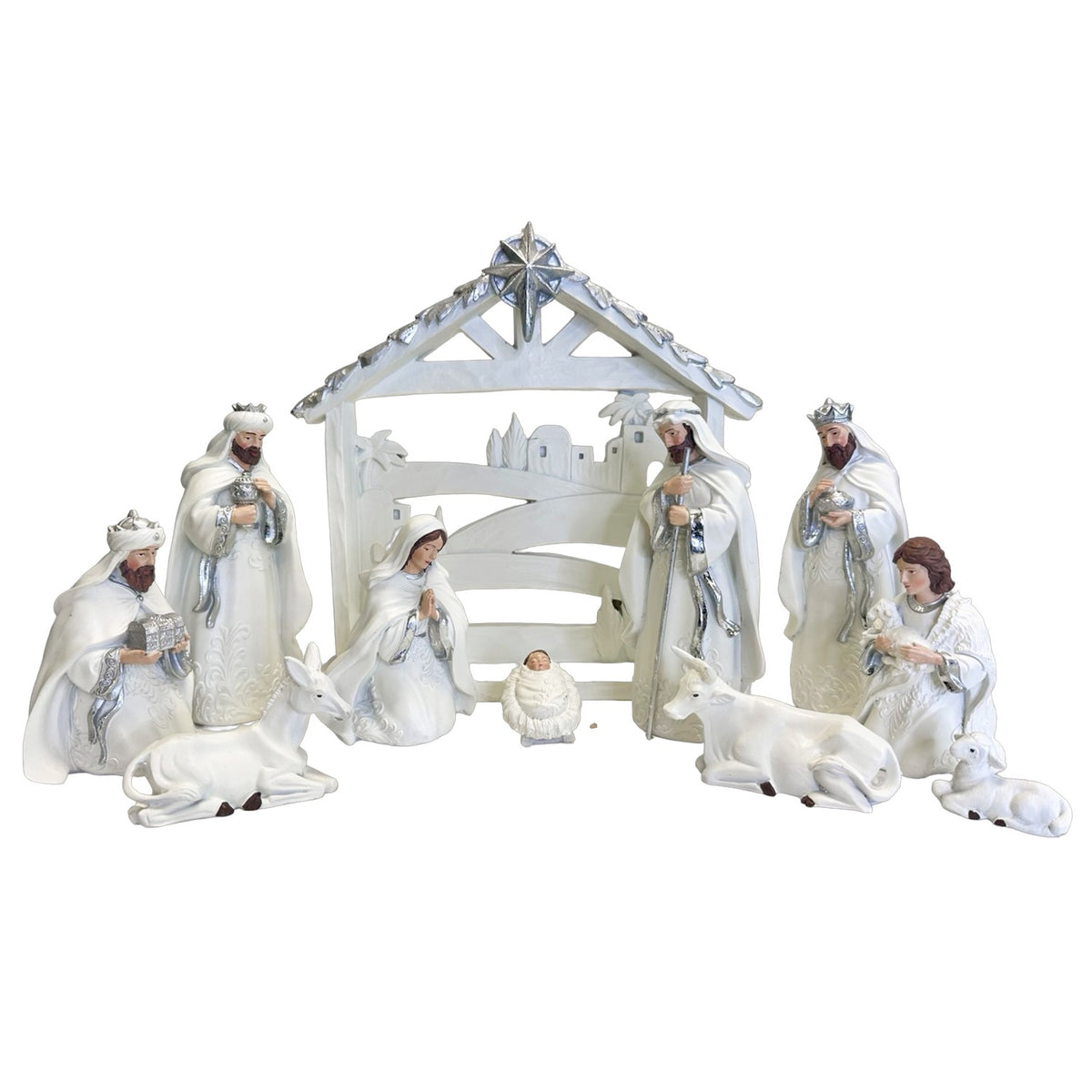 Christmas 11pc Nativity Set With Resin Stable White & Silver