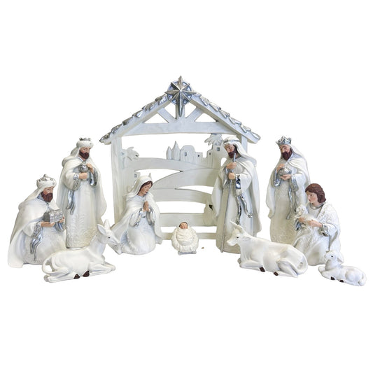 Christmas 11pc Nativity Set With Resin Stable White & Silver