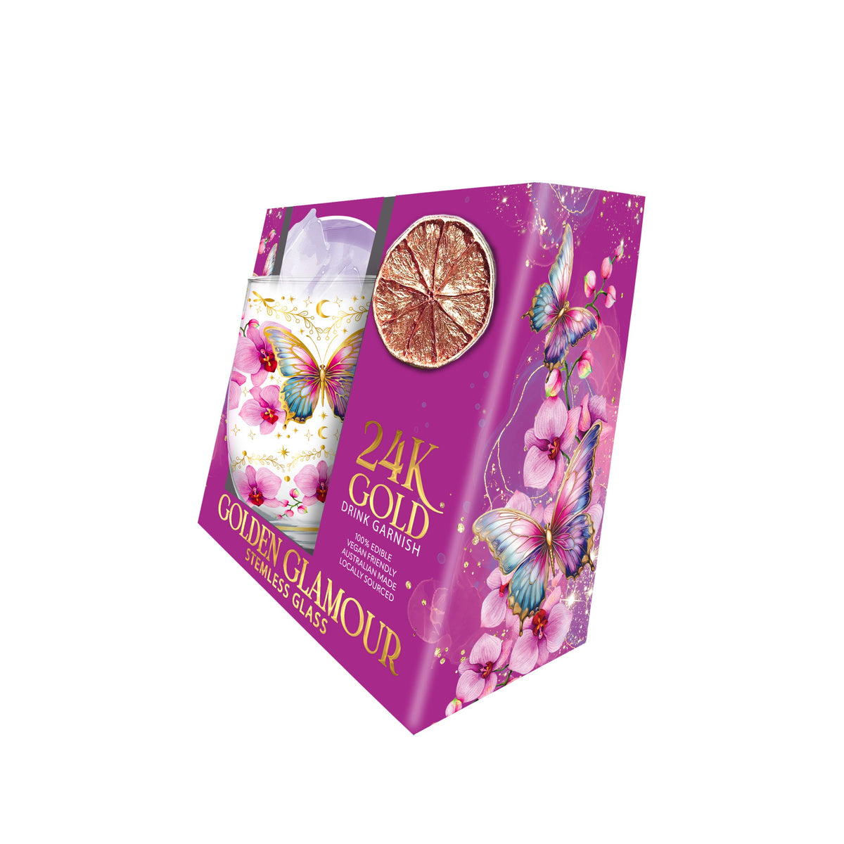 Lisa Pollock Stemless Glass Gold Detailing With 24K Gold Lime Garnish Butterfly Orchids