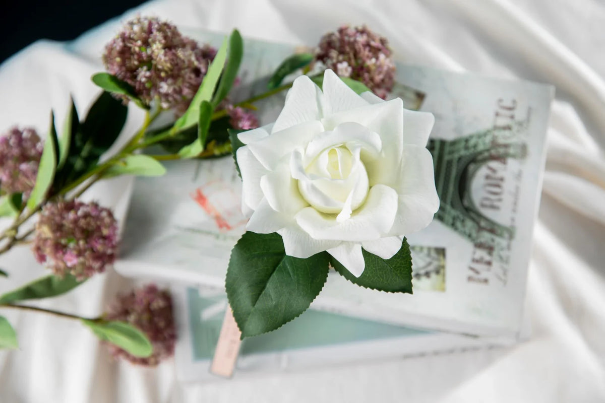 Cote Noire Single French Rose Perfumed Natural Touch Ivory White In Clear Glass With Silver Crest