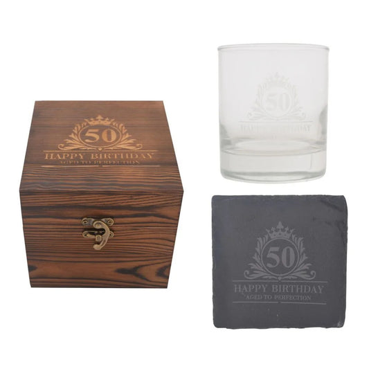 Birthday Whiskey Glass & Slate Coaster Set in Wooden Box 50th
