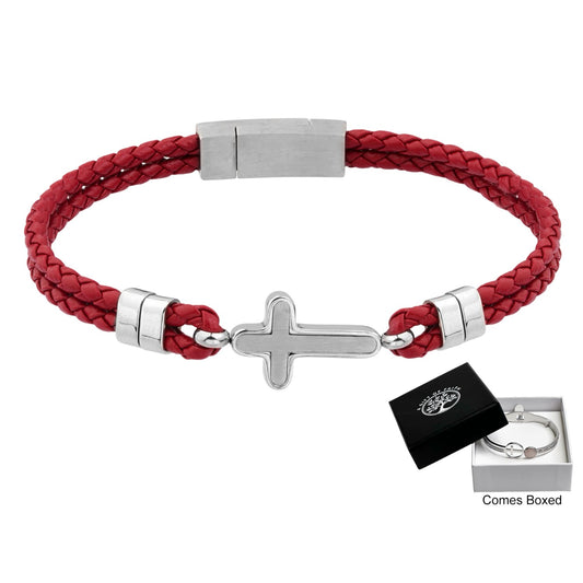 Bracelet Red Leather With Cross Stainless Steel