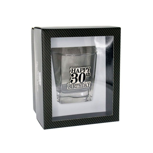 Birthday Whiskey Scotch Glass With Black & Silver Badge 30th