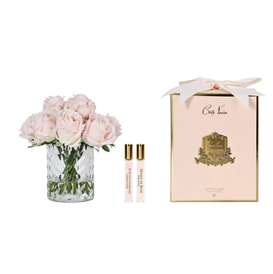 Cote Noire Herringbone Flower Clear Cut Glass Champagne Pink Rose Buds