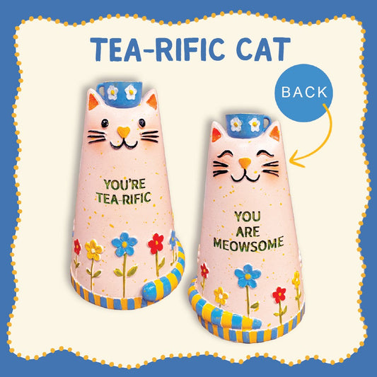 Resin Decor Cat In Gift Box Tea-Rific Meowsome Design