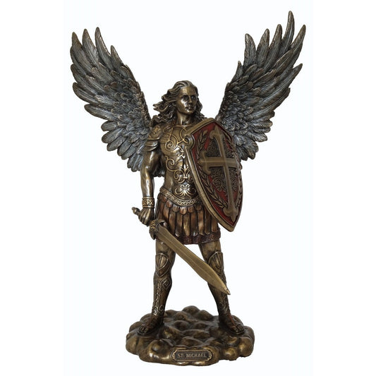 VERONESE DESIGNS BRONZE FIGURINE ARCHANGEL MICHAEL STANDING WITH SHIELD 35CM