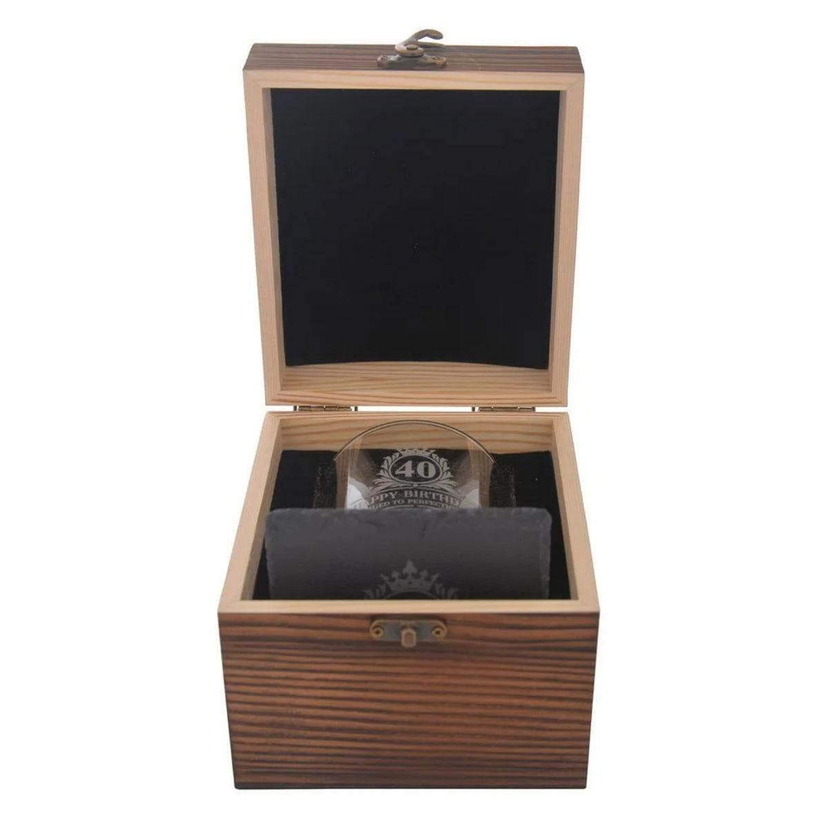 Birthday Whiskey Glass & Slate Coaster Set in Wooden Box 40th