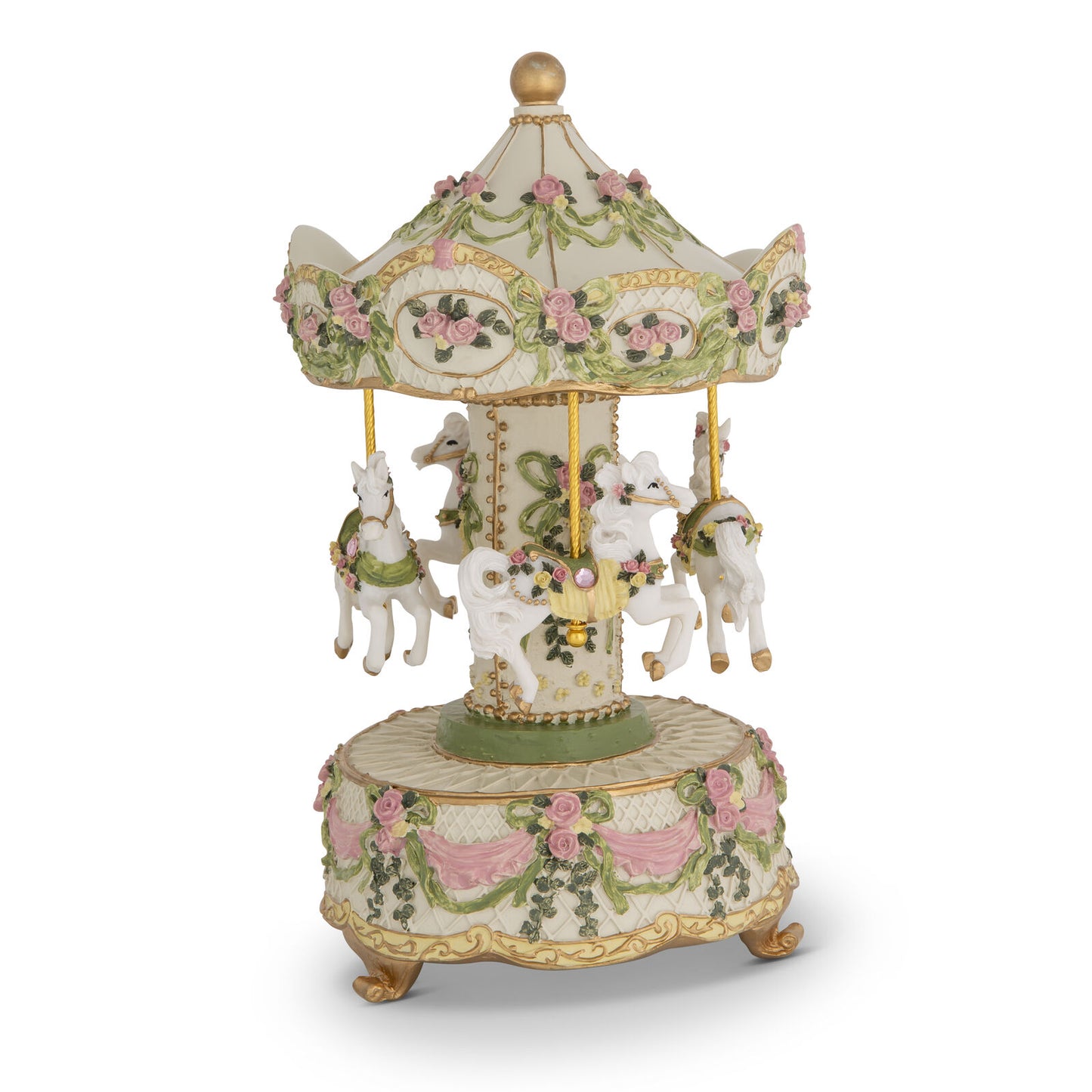MUSICAL CAROUSEL FOUR HORSE GREEN, PINK & CREAM ILLIONS