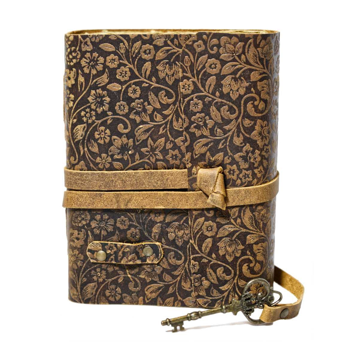 Leather Journal Parchment Style Paper Wrapped With Key Floral Design