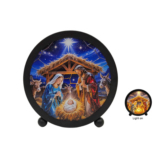 Christmas Nativity Scene Round Stained Glass LED Light