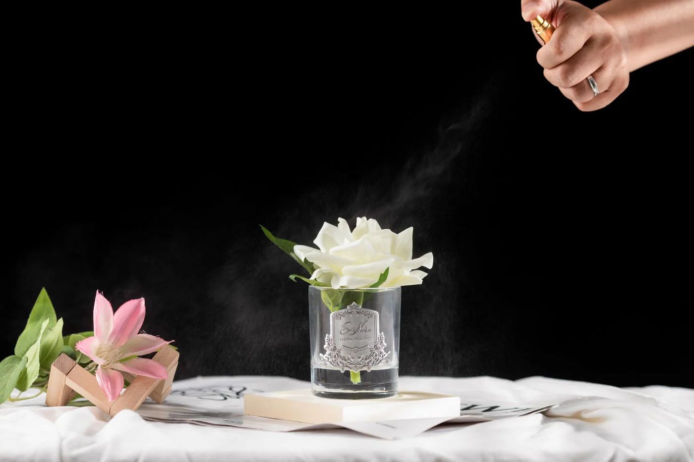 Cote Noire Single French Rose Perfumed Natural Touch Ivory White In Clear Glass With Silver Crest
