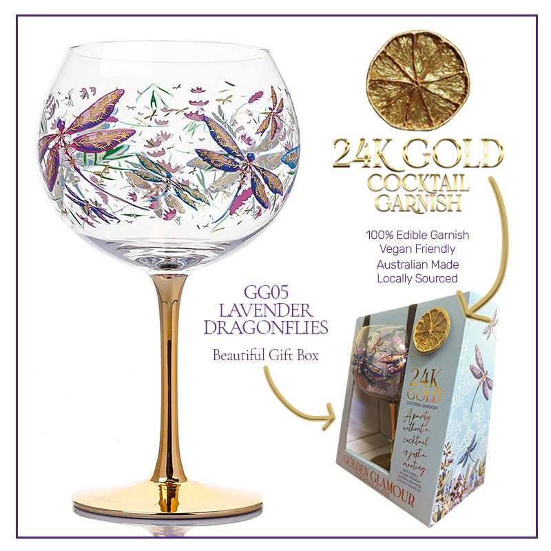 Lisa Pollock Golden Glamour Glass With 24K Gold Edible Lime Garnish Lavender Dragonflies
