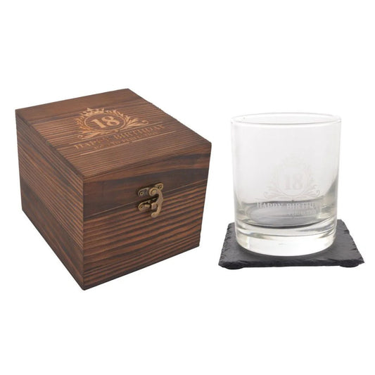 Birthday Whiskey Glass & Slate Coaster Set in Wooden Box 18th