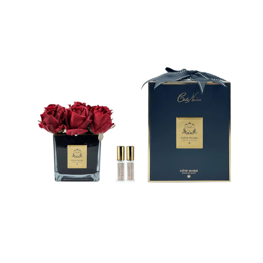 Cote Noire Square 9 Rose Buds Red In Black Square Glass With Gold Crest
