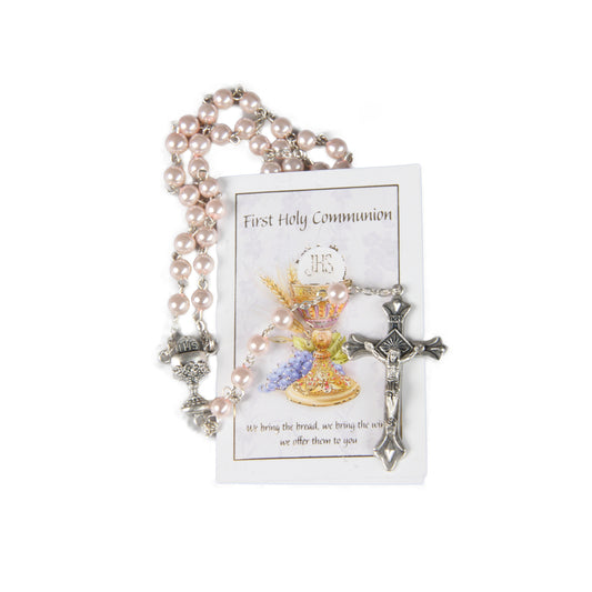 COMMUNION ROSARY BEADS WITH LEAFLET PINK