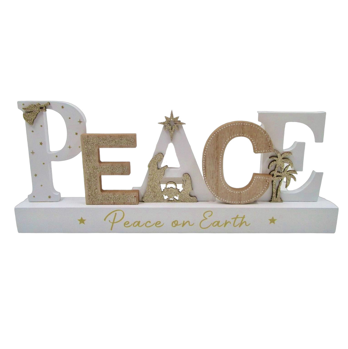 Christmas Wooden Nativity Scene Wood With Glitter "PEACE"