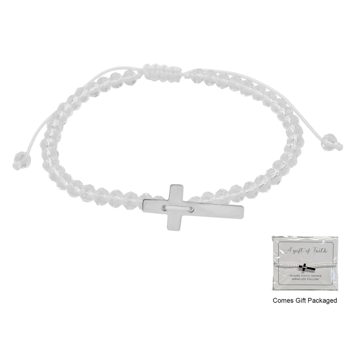 Bracelet With White Crystal Beads & Stainless Steel Cross